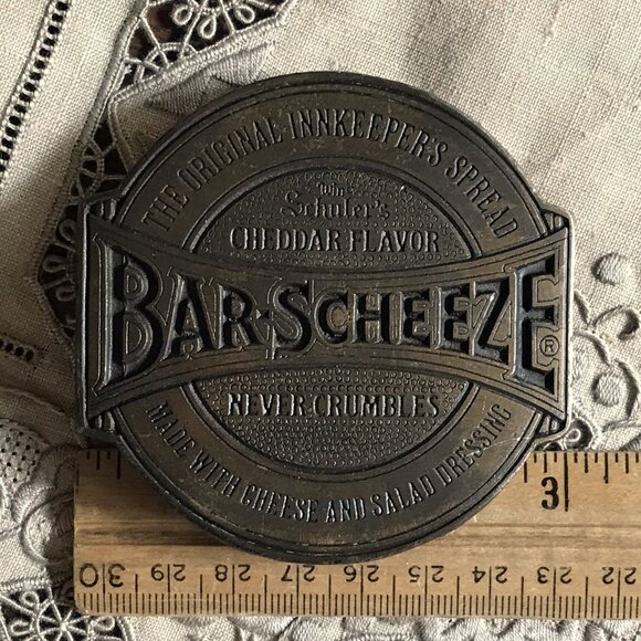Vintage Belt Buckle, Win Schuler's BAR-SCHEEZE cheese spread, Solid Brass, 3"x3" - Picture 6 of 8
